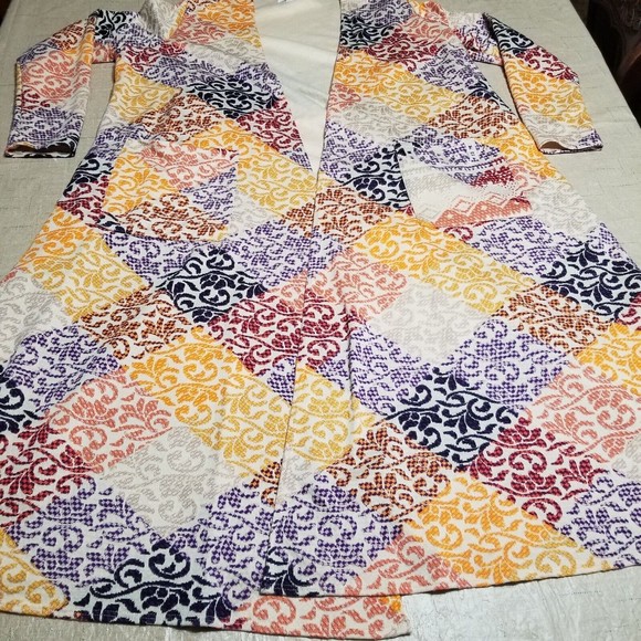 LuLaRoe Cardigan Long Duster Size L Beige Purple Open Front Patchwork - Picture 10 of 13